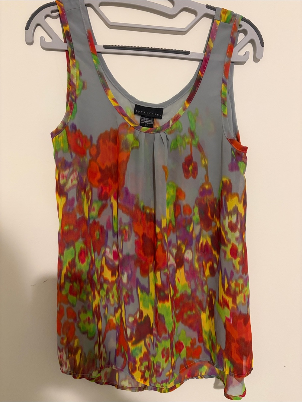 Apostrophe Gray Sheer Floral Tank with Red, Green, Purple & Yellow Print